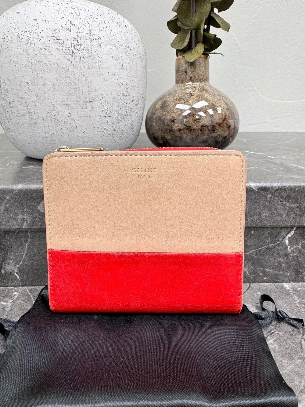 Celine Two-Tone Leather Zip Compact Wallet - Cream & Red
